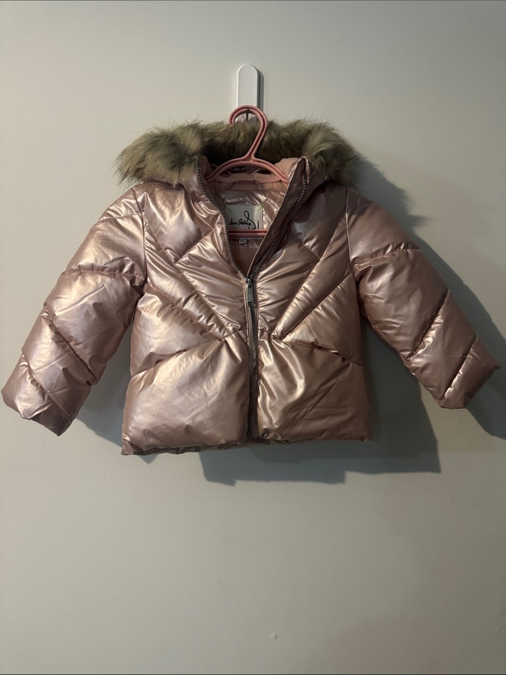 Sam Edelman Girls Metallic Rose Gold Puffer Jacket with Faux Fur Hood